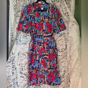 Vintage 80s Special Effect Floral Geometric Button-Front Dress - Red & Blue